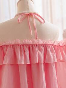 Soleia 大码浪漫乡村风女士初秋衬衫，粉色雪纺3D立体花卉装饰，露背系带，荷叶边领口，灯笼袖，宽松优雅的下午茶上衣，适合返校、音乐会、单身派对、感恩节等场合。 - 粉色 - 查看 4