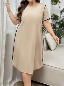 Camisón vestido de manga corta con bloques de color y borde acanalado asimétrico para mujer de talla grande - Albaricoque - Ver 5
