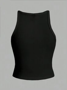 Slaydiva Simple Ribbed Stretchy Cami Tank Top For Women, Versatile Fitness Workout Crop Tops Plus Size - Black - View 2