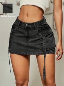 Y2K Street Solid Flap Pocket Tape Detail Cargo Denim Mini Skirt Summer Hottie - Black - View 1