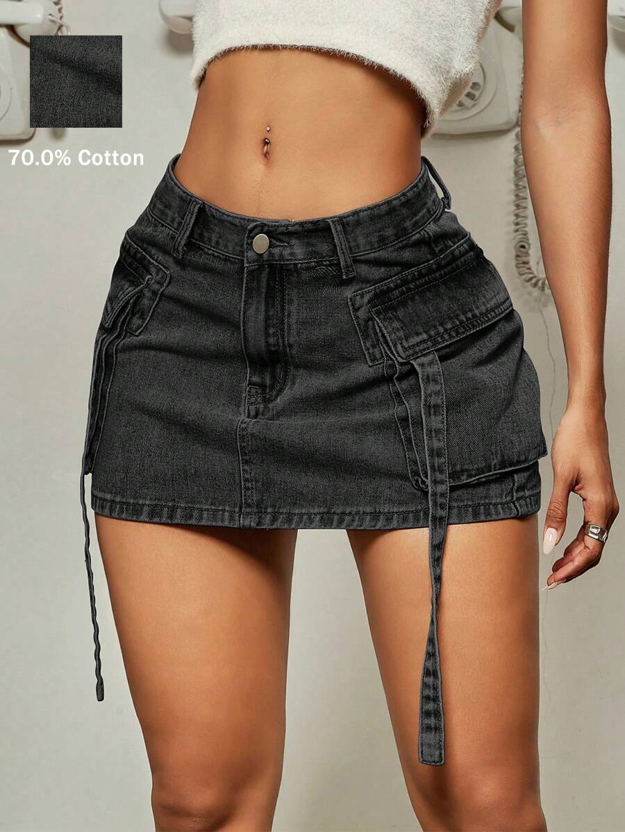Y2K Street Solid Flap Pocket Tape Detail Cargo Denim Mini Skirt Summer Hottie - Black - View 1