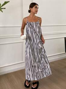 Livesso Women's Spaghetti Strap Backless Striped Casual Elegant Charming Dress Sundress - Black - View 4