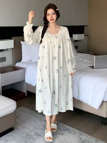 DAZY 长袖花卉蕾丝边睡裙，宽松睡衣，秋季，冬季 - 米色 - 查看 6