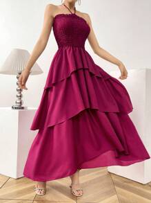 Modelyn Women's Solid Color Halter Backless Layered Sleeveless Dress - Red Violet - View 3
