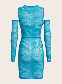 SHEIN X KeniaOs SHEIN ICON 镂空蕾丝紧身连衣裙（不含内衣套装） - 薄荷藍 - 查看 7