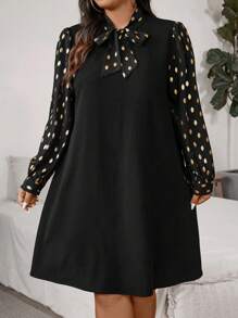 SHEIN Clasi Vestido casual de manga larga con estampado de lunares y decoración de moño para mujeres de talla grande