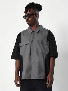 SUMWON Camisa jeans de sarja com blocos de cores e manga curta de ajuste regular - Preto - Ver 1