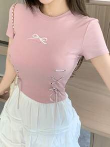 DAZY Camiseta de manga corta con lazo y cordón para mujer, para el Día de San Valentín, verano - Rosa - Ver 1