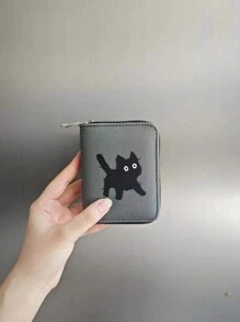 ROMWE Goth Gray Background Black Cat Cute Creative Multi-Function Card Holder Wallet - Grey - View 2