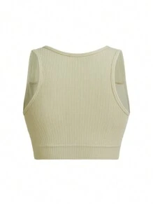 Casual Solid Color Notched Neck Seamless Cropped Tank Top, Summer
