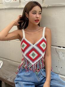 DAZY Áo hai dây dệt kim tua rua in họa tiết hình học cho nữ, áo kiểu babydoll đi nghỉ mát, áo phong cách boho cho trang phục đi du lịch biển cho nữ. - Đỏ - Xem 8