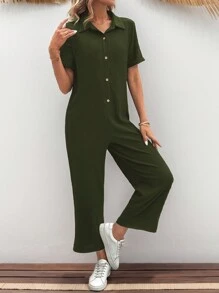 SHEIN LUNE Women's Solid Color Short Sleeve Loose Casual Jumpsuit With Front Button Design, Summer - Dark Green - View 3