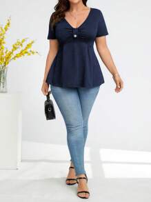 DreamSkyne Plus Size Women's Solid V-Neck Short Sleeve Ruffle Casual T-Shirt, Summer - Navy Blue - View 4