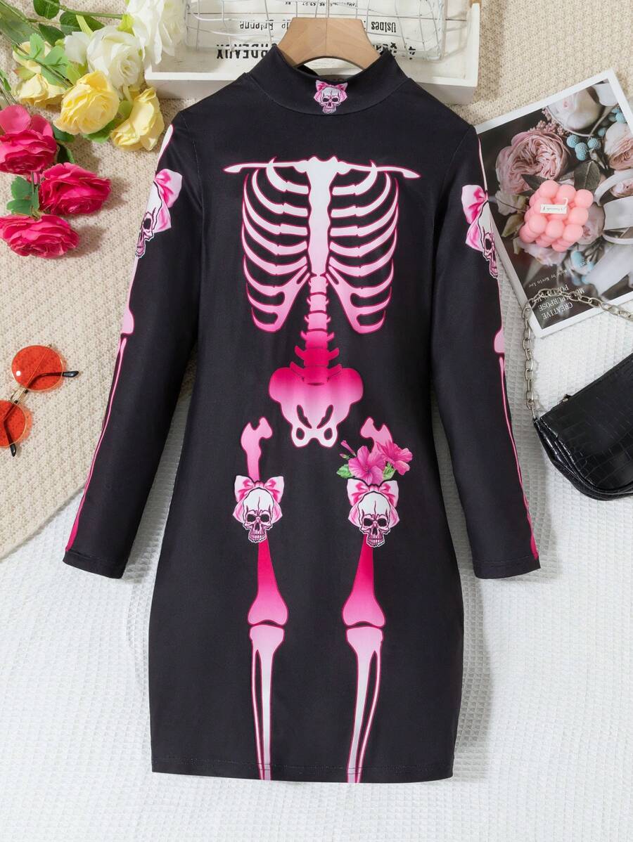 SHEIN Tween Girl Halloween Skeleton Pattern Dress, For Halloween Party - Black - View 1