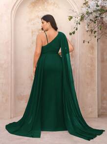 SHEIN Belle Plus Size Chiffon Asymmetric Draped Formal Dress For Bridesmaid, In Persimmon Orange - Dark Green - View 2