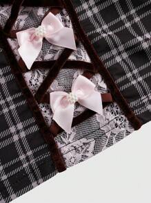 ROMWE Kawaii Vintage Sweet Lace And Grid Patterned Ruched Bowknot Decor Women's Tank Top