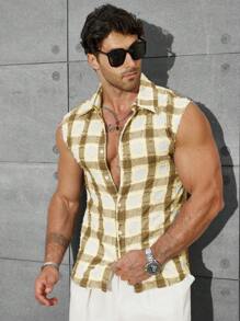 Men's Sleeveless Plaid Print Single-Breasted Casual Shirt For Summer - Apricot - View 4