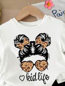 SHEIN Lässiges, einfaches Outfit für Baby Mädchen mit Rundhalsausschnitt und Kurzarm, geeignet für Frühling und Sommer, mit Leoparden Herz, süßem Mädchen und Cool Girl Motiv - Verschiedenfarbig - Übersicht 3