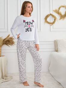 RueChic 2Pcs Cotton Cat Printes PJ Set White Set - White - View 3