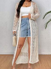 SHEIN CURVE+ Plus Pointelle Knit Cardigan, Spring Break - Apricot - View 5