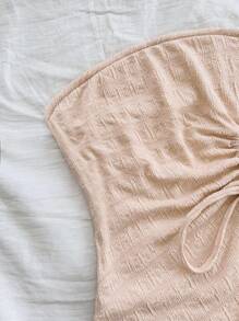 Soleia Ladies' Vacation Style Knit Tube Top, White & Apricot Colored Textured Bandeau Top With Slit And Drawstring, Perfect For Graduation Season Afternoon Tea Party Outfit