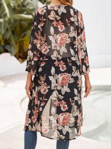 EMERY ROSE Women's Loose-Fitting, Medium-Length Kimono With Floral Print, Open Front, For Summer Beach Vacation - Multicolor - View 2