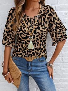EMERY ROSE 女士豹纹双荷叶边下摆短袖 T 恤