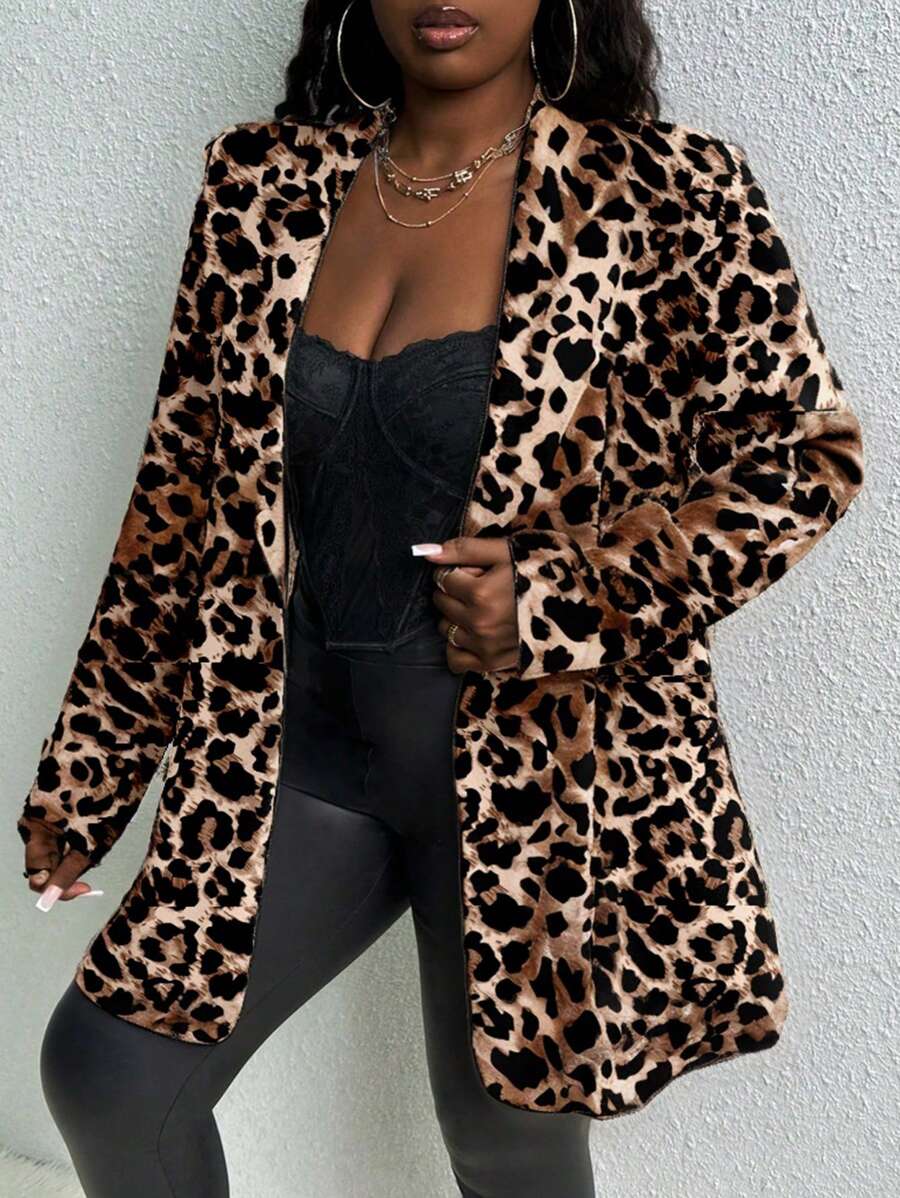 Slaydiva Blazer informal de talla grande para mujer con estampado de leopardo - Multicolor - Ver 1