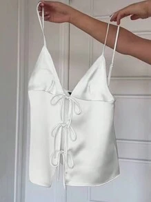 SHEIN Unity 夏季休閒純色緞面腰帶背心上衣 - 米色 - 查看 1