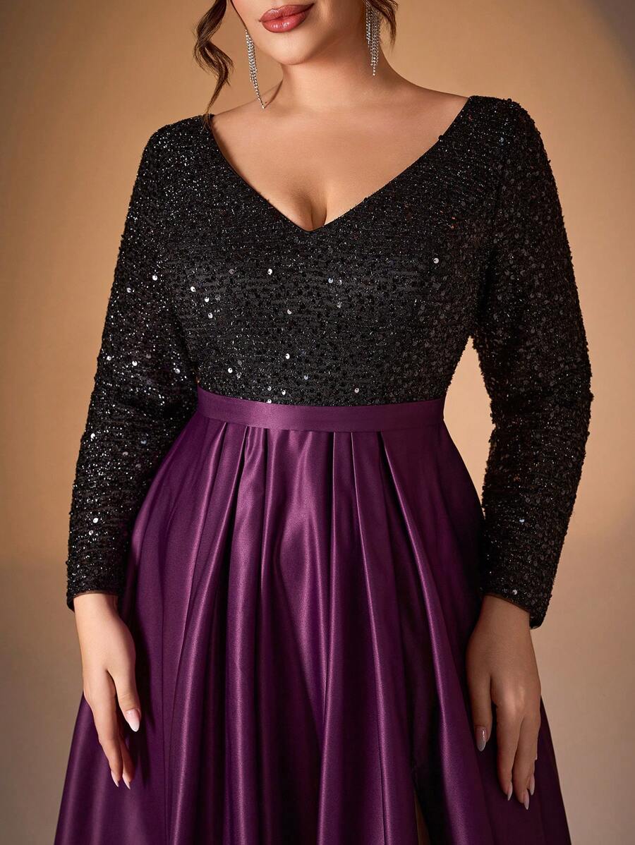 Plus Size MgiacyV-Neck Long Sleeve Pleated Shiny Sequin Colorblocked ...