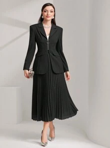 Modelyn 女士纯色简约休闲拉链衬衫和褶皱 A 字裙套装 - 黑色 - 查看 1