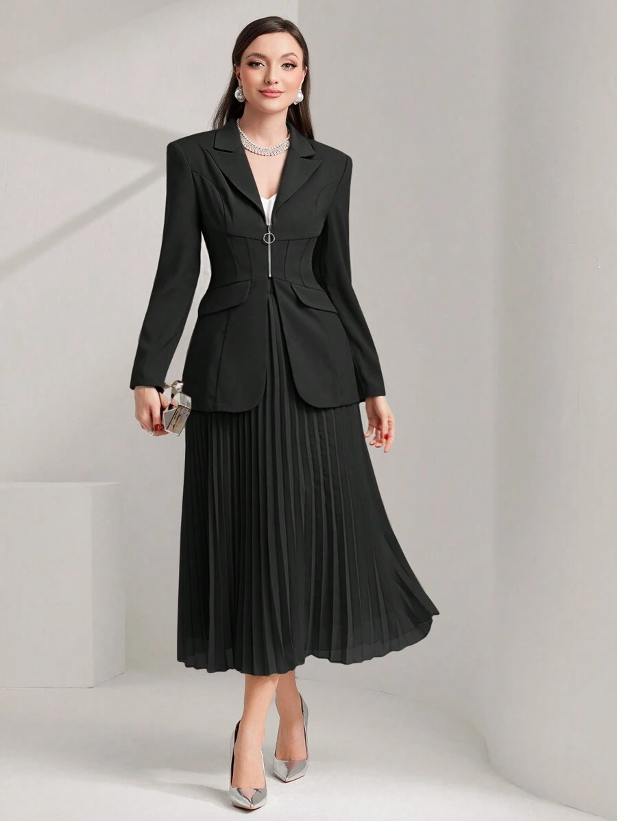 Modelyn 女士纯色简约休闲拉链衬衫和褶皱 A 字裙套装 - 黑色 - 查看 1