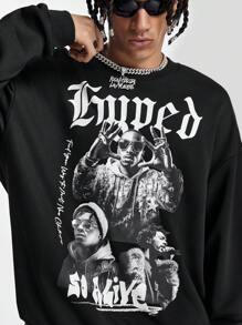 Manfinity VCAY Sudadera de cuello redondo holgada de manga larga de punto con estampado para hombre, camiseta de manga larga con gráfico de figura de rapero musical