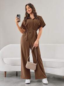 Mulvari Women Summer Drop Shoulder Solid Color Blouse And Wide Leg Jumpsuit - Coffee Brown - View 6