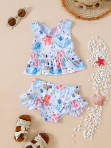 Cô Gái Trẻ Hoạt Hình Bạch Tuộc In Ruffle Hem Bikini Set Bãi Biển Mùa Hè - Nhiều màu - Xem 1