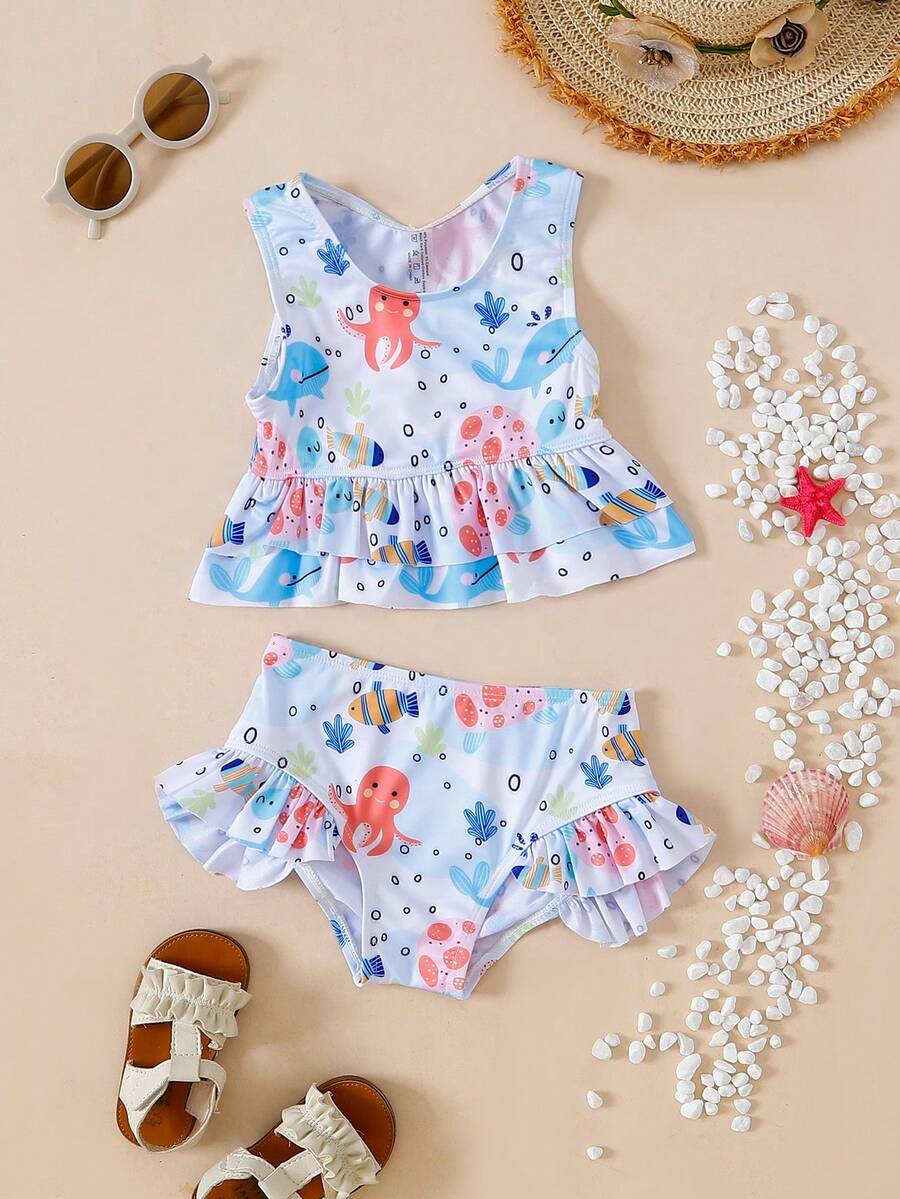 Cô Gái Trẻ Hoạt Hình Bạch Tuộc In Ruffle Hem Bikini Set Bãi Biển Mùa Hè - Nhiều màu - Xem 1