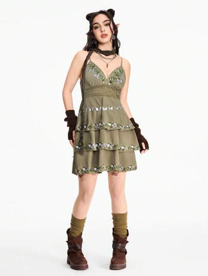 Fairycore Vestido de algodón lavado con estilo Cottagecore, con bordado floral y volantes en el bajo