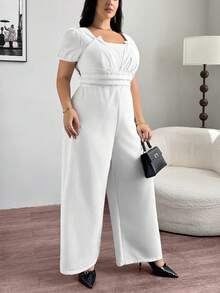 SHEIN Privé Cộng với kích thước Bộ áo liền quần màu trắng tay phồng giản dị và thanh lịch thoải mái có đường viền cổ cho phụ nữ, vừa vặn - trắng - Xem 5