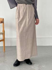 FRIFUL 女士弹力腰拉链半开襟工装口袋A字休闲长裙/铅笔裙 - 卡其色 - 查看 4