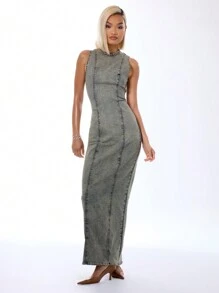 MUSERA Crew Neck Fitted Denim Washed Maxi Dress, Spring 90's Y2k Streetwear Summer Glaciers Ibiza Concert Holiday Going Out Night Out Streetwear Winter Everyday Party  Chic - Multicolor - View 4