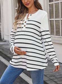 SHEIN Maternity Striped Print Button Round Neck Long Sleeve T-Shirt, Summer - Black and White - View 5