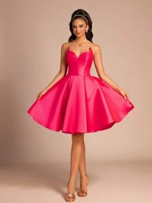 Women's New Fashionable Strapless Solid Color Backless Criss-Cross Zipper Formal Dress - Hot Pink - View 1