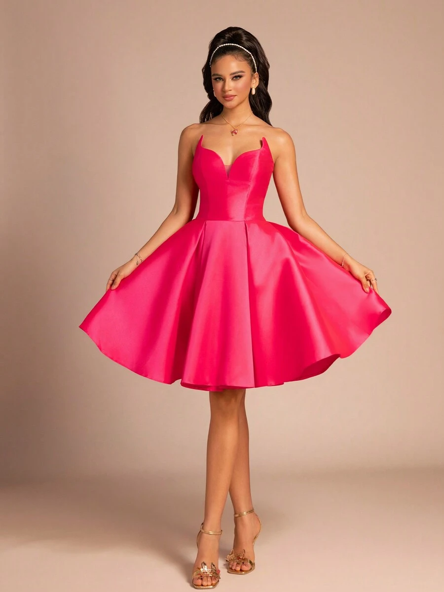 Women's New Fashionable Strapless Solid Color Backless Criss-Cross Zipper Formal Dress - Hot Pink - View 1