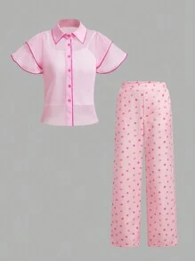 SHEIN 3pcs/Set Tween Girls' Sheer Color Block Short Sleeve Shirt + Knit Camisole + Digital Print Wide Leg Pants - Multicolor - View 16