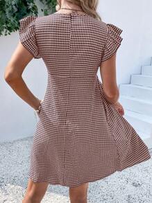 Breezaya Gingham Square Neck Butterfly Sleeve Smock Dress,Ladies Cute Ruffle Cap Sleeve Square Neck Regular Fit Short Brown Flounce Sleeve Gingham Smock Women Short Dresses,Spring/Summer,Casual Daily Wear Vacation Beach Outfit