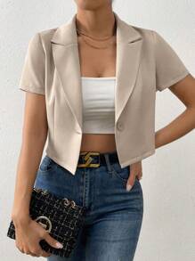 Breezaya Solid Color Turn-Down Collar Short Sleeve Cropped Blazer Jacket