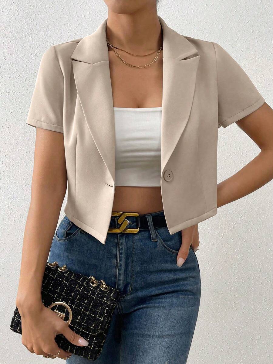 Breezaya Solid Color Turn-Down Collar Short Sleeve Cropped Blazer Jacket