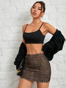 SHEIN PETITE 情人節短裙，音樂節，假期，新年服裝，約會，優雅性感的女孩豹紋緊身裙 - 棕色 - 查看 7