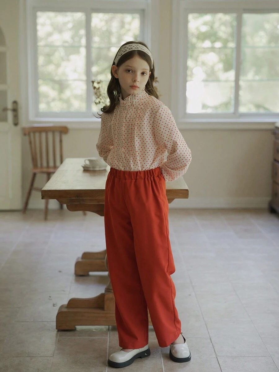 少女春夏波点印花荷叶边领长袖衬衫和阔腿裤两件套 - 紅色 - 查看 1