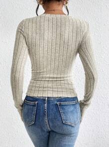 SHEIN Frenchy Textured Fabric V Neck Scoop Neck Ruched Tee Winter Casual Spring - Apricot - View 2